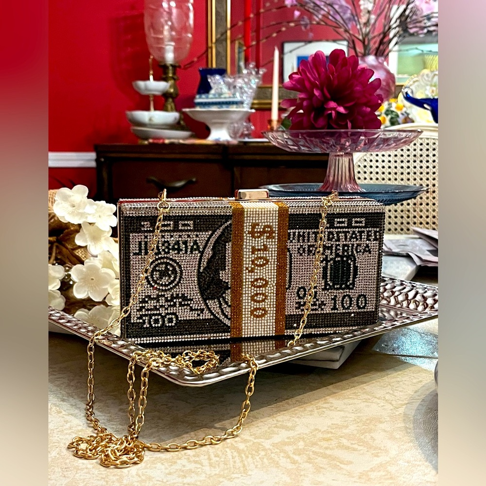 Money on Your Mind- Full Rhinestone $10,000 Dollar Bill Shoulder Bag or Clutch